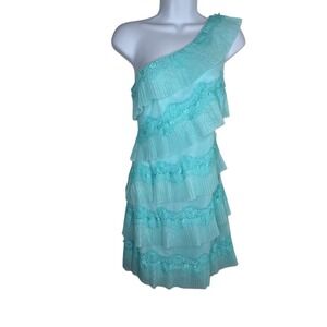 NEW Max & Cleo Lily Dress 2 Blue Mint One Shoulder Tiered Lace Pleated Cocktail